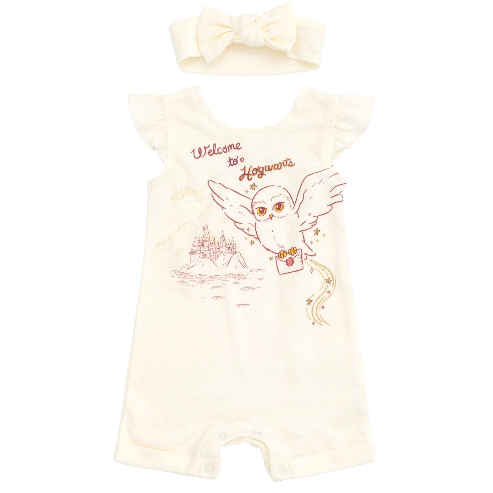 Harry Potter Hedwig Owl Infant Baby Girls French Terry Romper and Headband White 18 Months